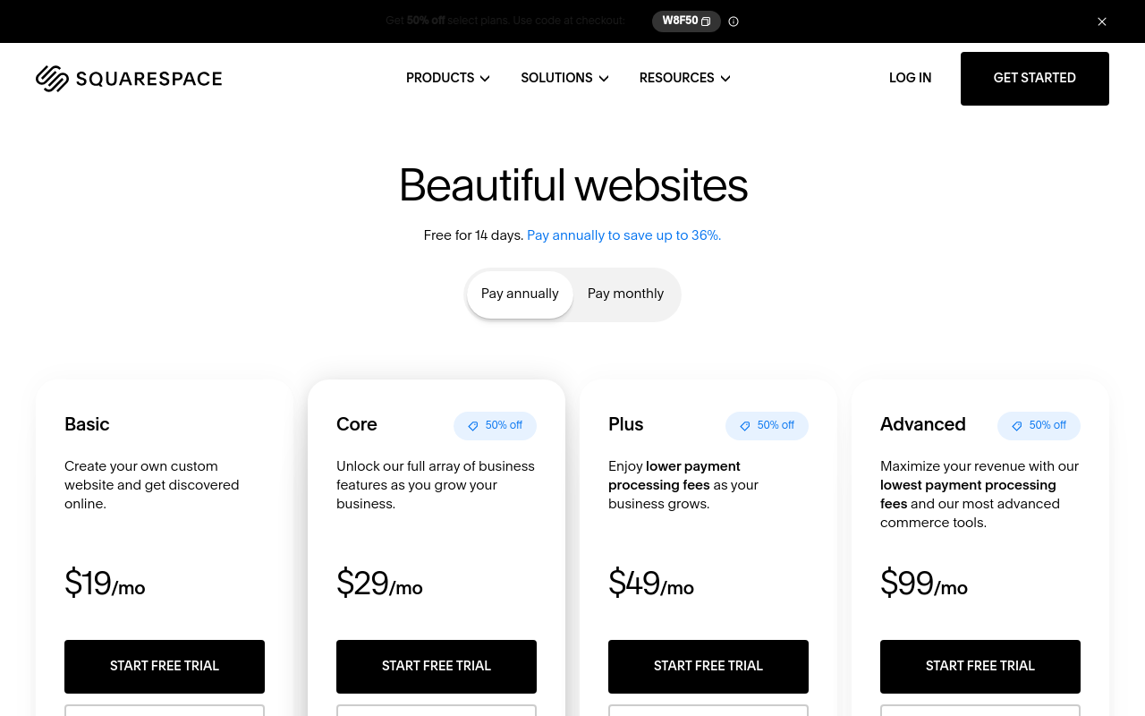 Squarespace pricing, desktop fold, default state