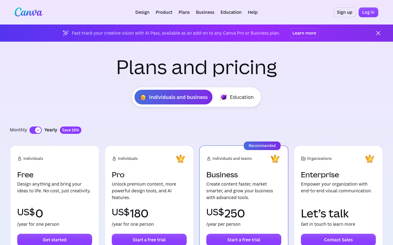 Canva pricing, desktop fold, default state