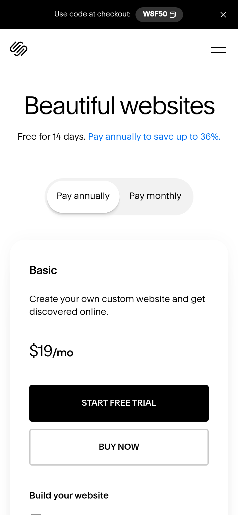 The phone fold: the promo bar, then one plan
