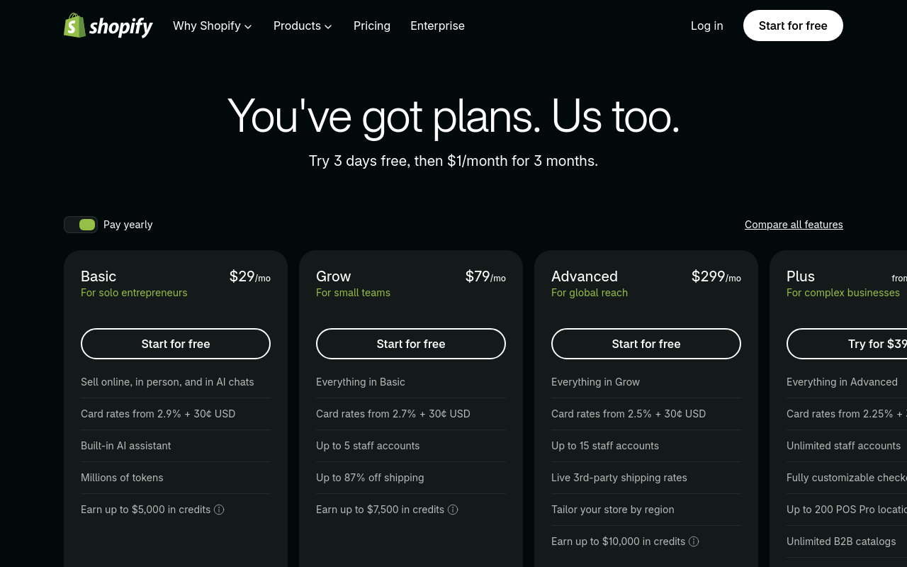 Shopify pricing, desktop fold, default state