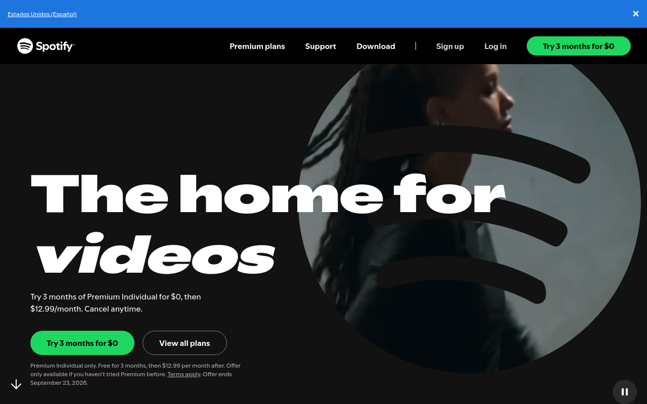 The Premium page fold on desktop: a video headline, an offer, no plans