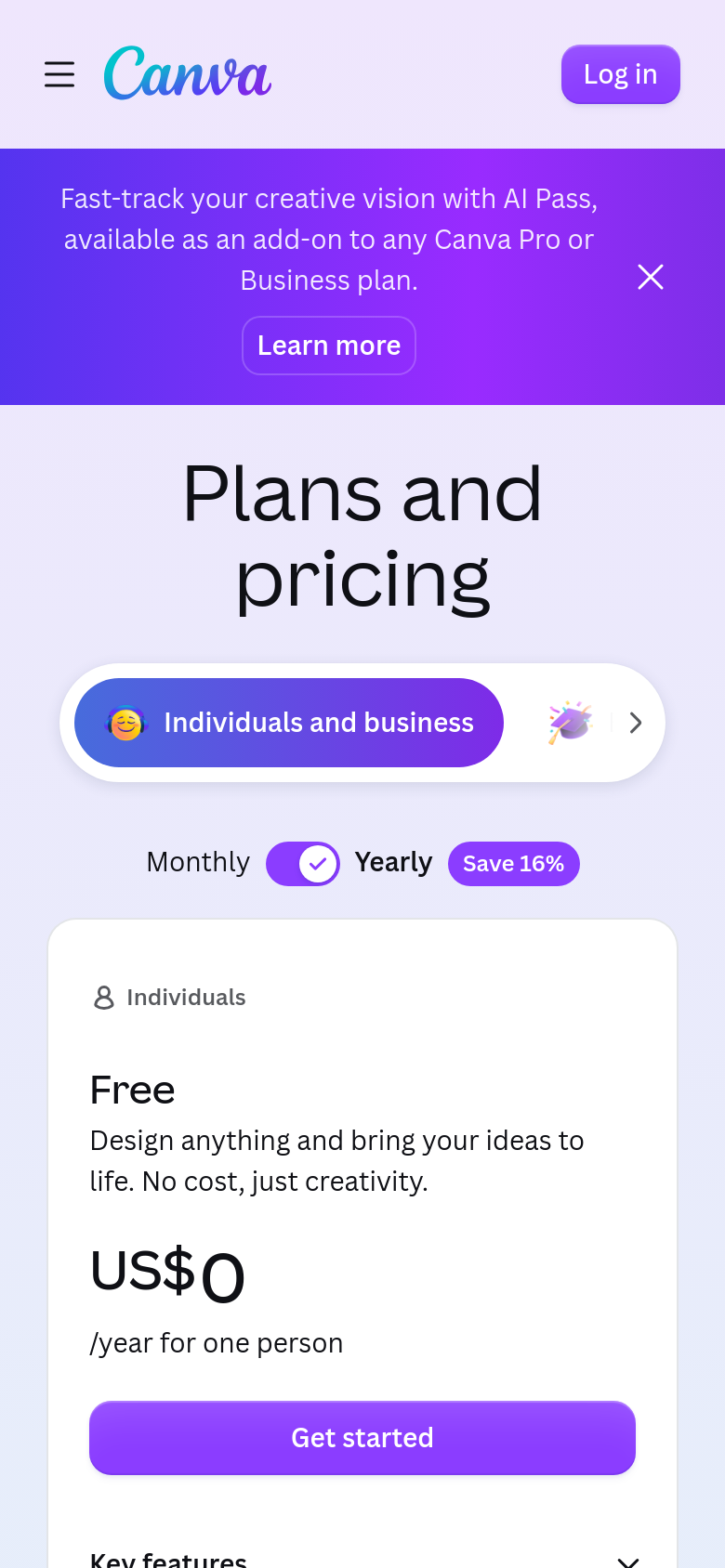 The phone fold: the Free card fills the screen