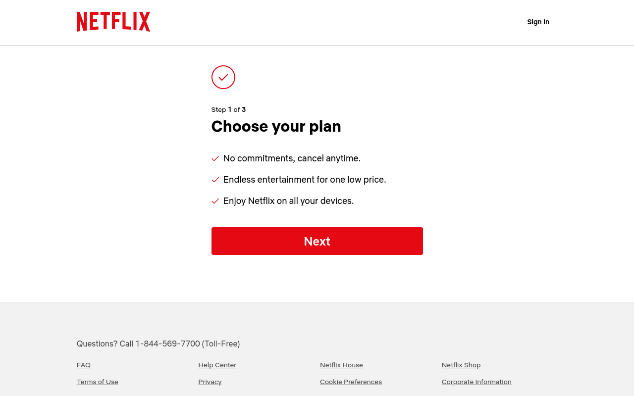 Netflix plan chooser, desktop, the page a subscriber actually lands on
