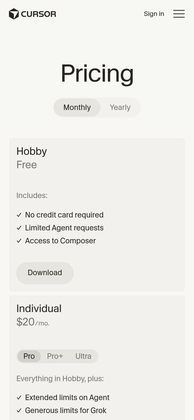 Pricing page, phone fold