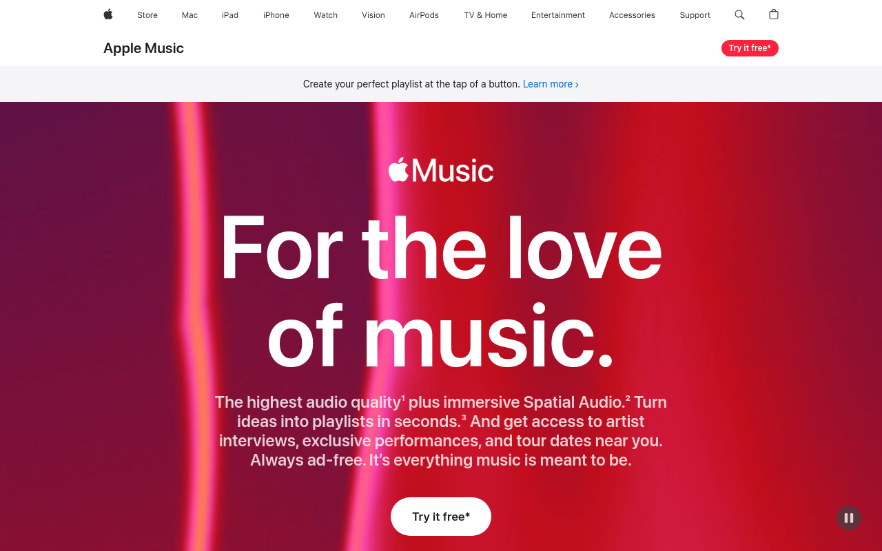 Apple Music, official US page, desktop